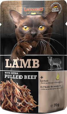 Leonardo Pulled Beef Nasses Katzenfutter für Katze in Beutel mit Lamm 70gr 07443