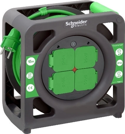 Schneider Electric Удължителен кабел на ролка 4 места с кабел 15м с диаметър 3 x 1.5mm² Waterproof Черен
