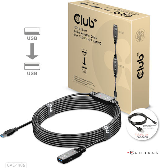 Club3D USB 3.1 Cable USB-A male - USB-A female Μαύρο 10m (CAC-1405)
