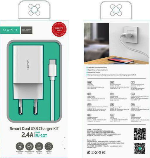 Xipin Φορτιστής με 2 Θύρες USB-A και Καλώδιο micro USB Λευκός (EU-10T)
