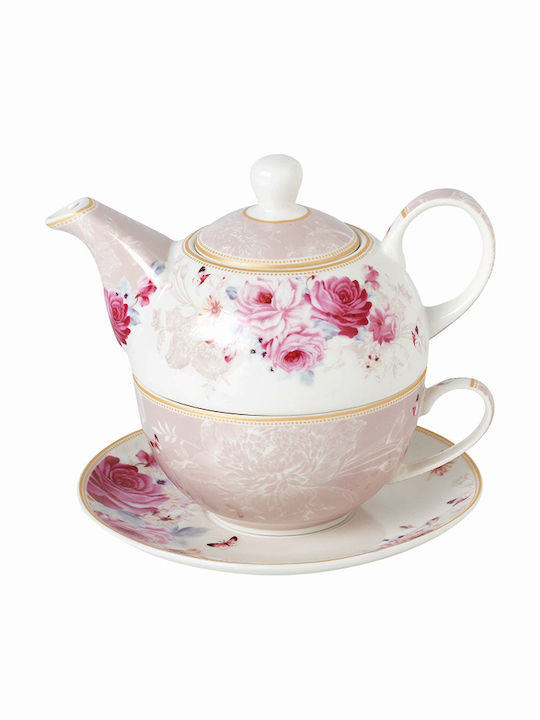 Καρβούνης Floral Paris Roses Tee-Set mit Tasse aus Porzellan in Weiß Farbe 3Stück