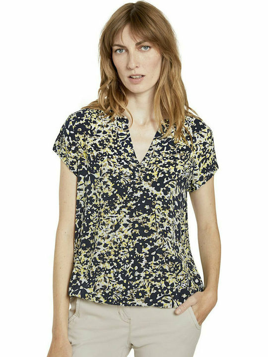 Tom Tailor Damen Sommer Bluse Kurzärmelig mit V-Ausschnitt Blumen Marineblau