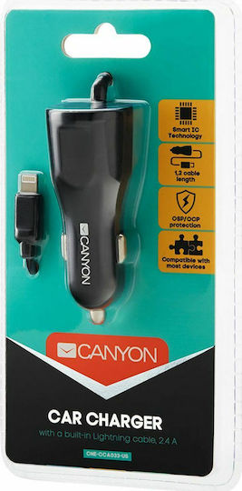 Canyon C-033 Автомобилен Зарядно Устройство 2.4A с Едно Гнездо 1xUSB-A с Кабел Lightning Вграден Черен Цвят