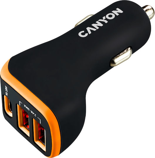 Canyon С-08 Автомобилно Зарядно Устройство 18W 2.4A с 2xUSB-A 1xType-C Черен Цвят
