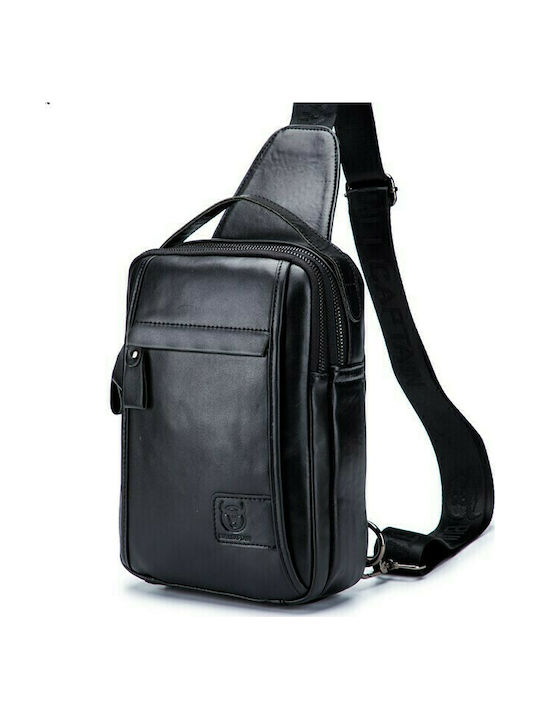 Bull Captain Leather Sling Bag XB-120 with Zipper & Internal Compartments Black 18x11x26cm
