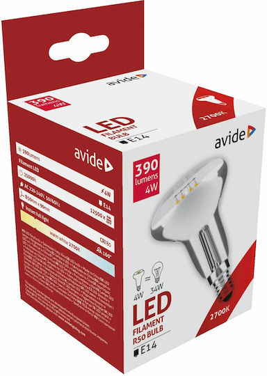 Avide ABLFR50WW-4W Λάμπα LED 4W 90mm για Ντουί E14 και Σχήμα R50 Θερμό Λευκό 390lm