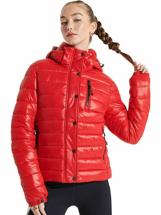 Superdry Fuji Women's Short Puffer Jacket for Winter with Detachable Hood Rouge Red