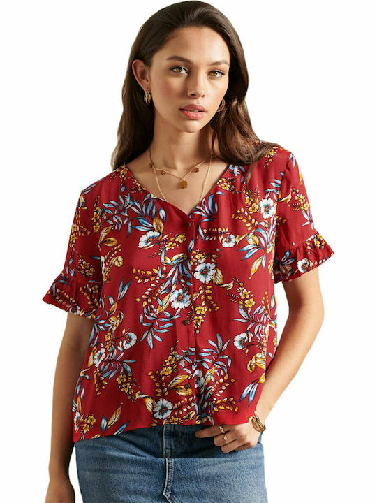 Superdry Damen Sommer Bluse Kurzärmelig mit V-Ausschnitt Rot