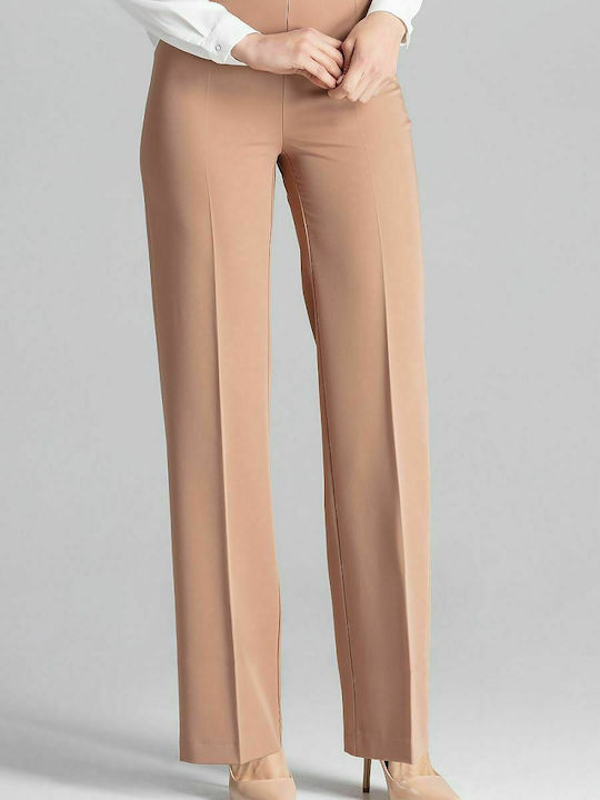 Figl M657 Women's High-waisted Fabric Trousers in Wide Line Brown 129775