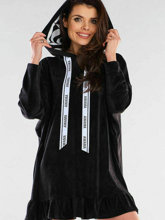 Awama Mini Dress with Hood Black