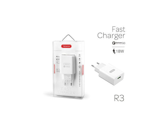 Tranyoo Ladegerät ohne Kabel mit USB-A Anschluss 18W Schnellaufladung 3.0 Weißs (Charge Max R3)