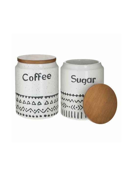 Inart Vase Sugar / Brown with Lid Porcelain Λευκό-Μαύρο 2pcs