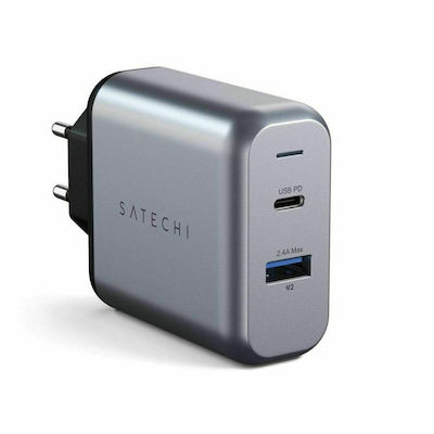Satechi Ladegerät ohne Kabel mit USB-A Anschluss und USB-C Anschluss 30W Stromlieferung Space Gray (ST-MCCAM-EU)