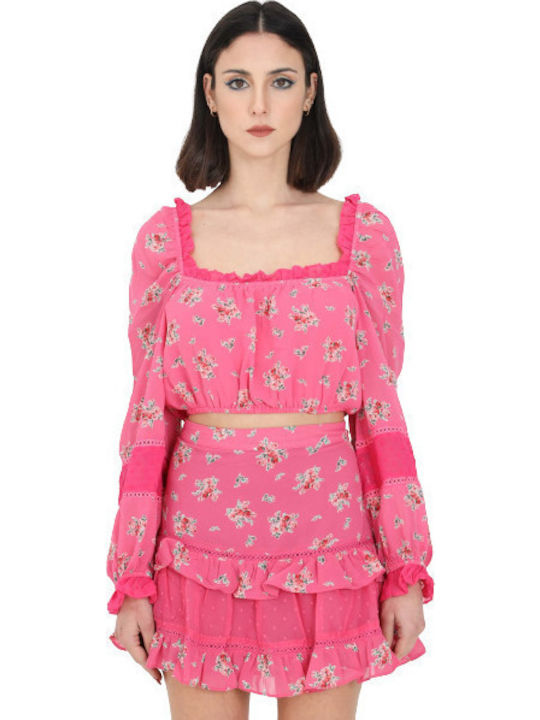 Damen Crop Top Langarm Blumen Rosa
