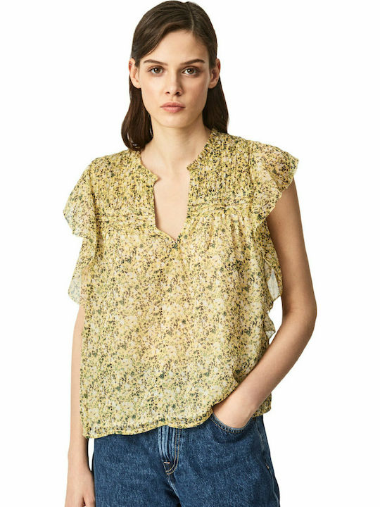 Pepe Jeans Lily pentru Femei de Vară Bluză Fără mâneci Floral Galbenă