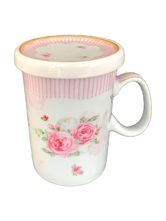 Karvounis Floral Flowers Porcelain Cup with Lid Multicolour