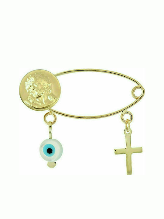 Mertzios.gr Child Safety Pin made of Gold 9K with Cross