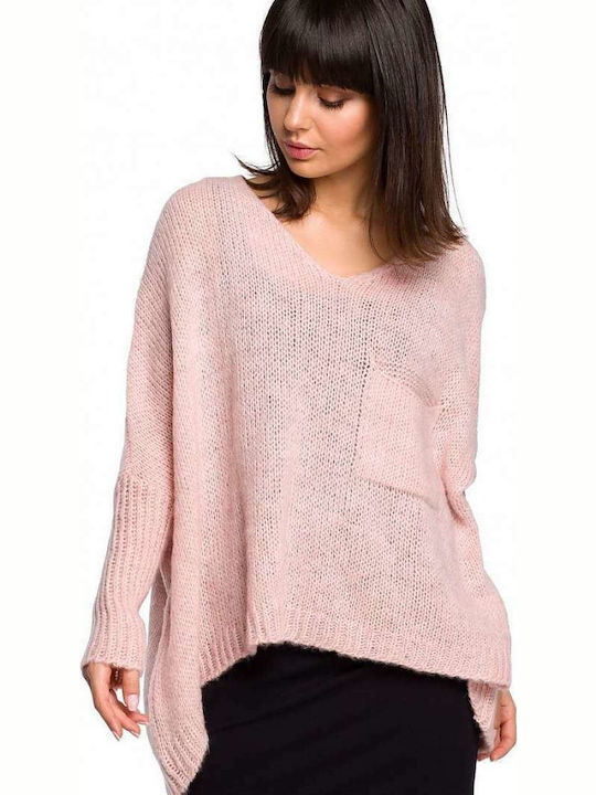 BE Knit Women's Long Sleeve Sweater with V Neckline Pink