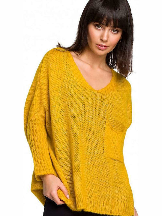 BE Knit Women's Long Sleeve Sweater with V Neckline Yellow