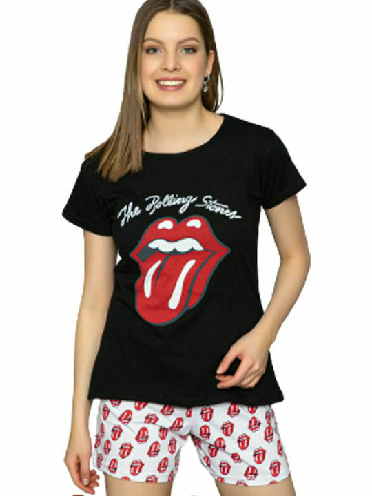 Carla Mara Καλοκαιρινό Γυναικείο Σετ Πιτζάμας Βαμβακερό Μαύρο Rolling Stones