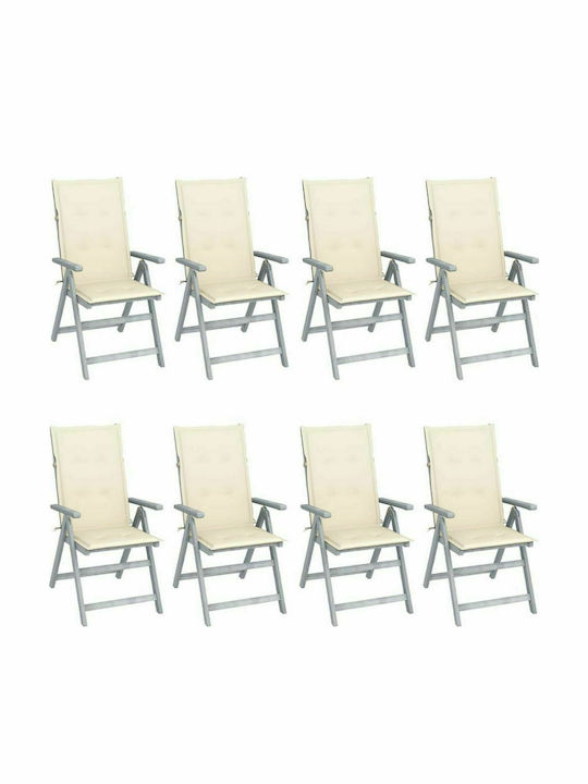 Καρέκλα Εξωτερικού Χώρου Ξύλινη Γκρι / Κρεμ Μαξιλάρι με Μαξιλάρι 8τμχ 56x70x110εκ.