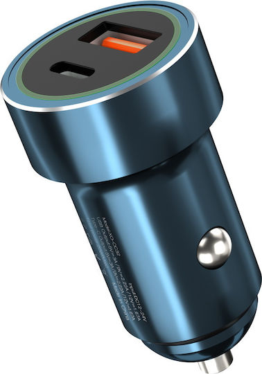 XO CC32 Car Charger 20W 3A Fast Charging with Ports: 1xUSB 1xType-C Blue Color