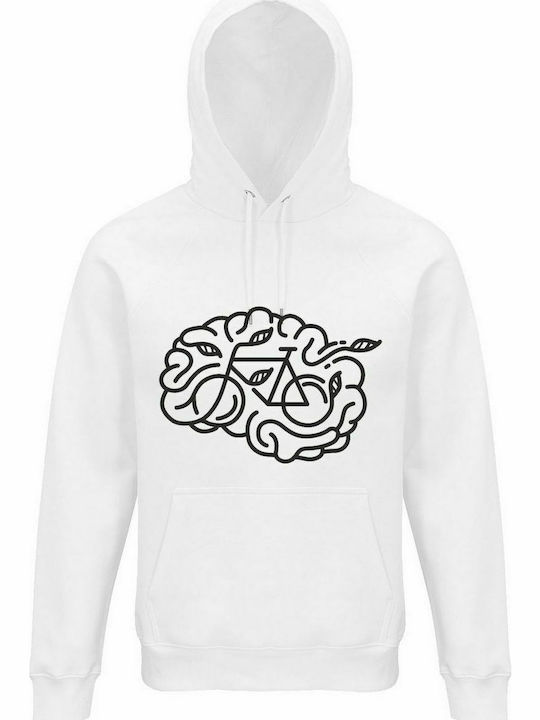 Hanorac unisex cu glugă, organic "Brain Bicycle", alb