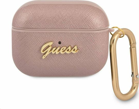 Guess Script Metal Logo Hülle Silikon mit Haken in Rosa Farbe für Apple AirPods Pro