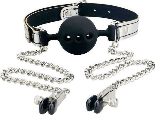 Lovetoy Ball Gag with Nipple Clamp BDSM Kit σε Ασημί Χρώμα
