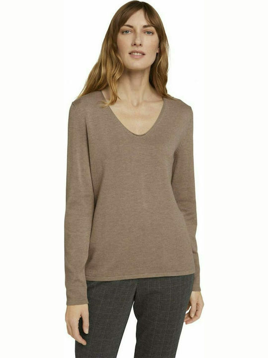 Tom Tailor Damen Langarm Pullover Baumwolle mit V-Ausschnitt French Clay Beige Melange