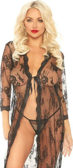 Leg Avenue Long Lace Robe with G-String Sexy Set mit Robe Schwarz
