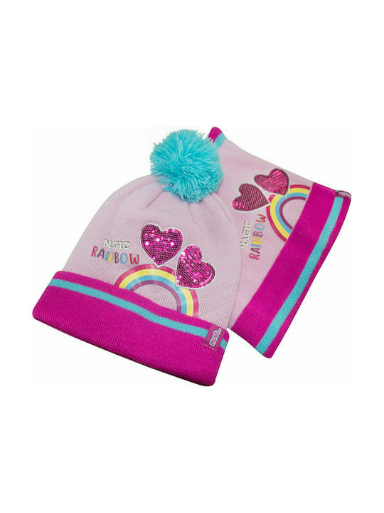 Διακάκης Kinder Mütze Set mit Schal Gestrickt Rosa