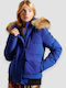 Superdry Everest Kurz Damen Puffer Jacke mit pelziger Kapuze für Winter Blau