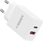 Veger mit USB-A Anschluss und USB-C Anschluss 20W Stromlieferung / Schnellaufladung 3.0 Weiß (VLS202U)
