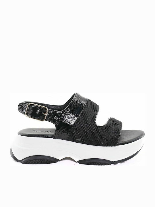 Leather Women's Flat Sandals Sporty Flatforms in Black Color
