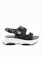 Leather Women's Flat Sandals Sporty Flatforms in Black Color