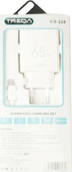 Treqa Charger with USB-A Port and Cable micro USB 65W Whites (CS-228)