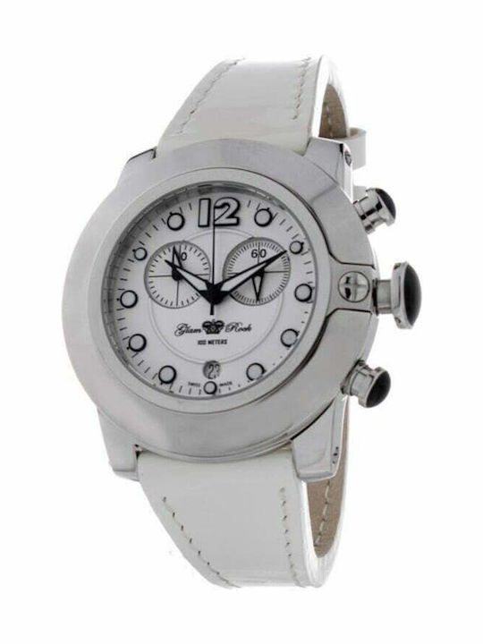 Glam Rock Γυναικείο Ρολόι 44mm Χρονογράφος Μπαταρίας με Λευκό Δερμάτινο Λουράκι