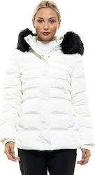 Biston Κοντό Γυναικείο Puffer Μπουφάν με Γούνινη Κουκούλα για Χειμώνα Λευκό