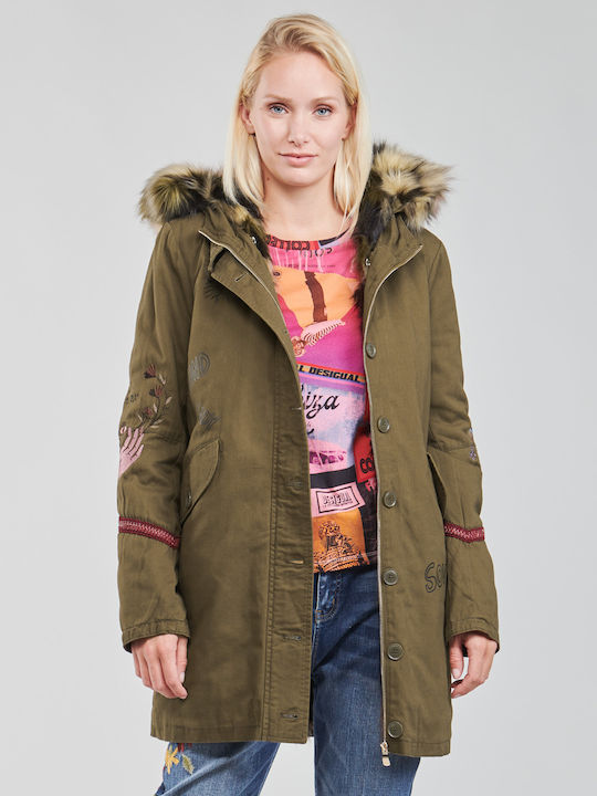 Lisboa Women's Long Parka Jacket for Winter with Hood Khaki