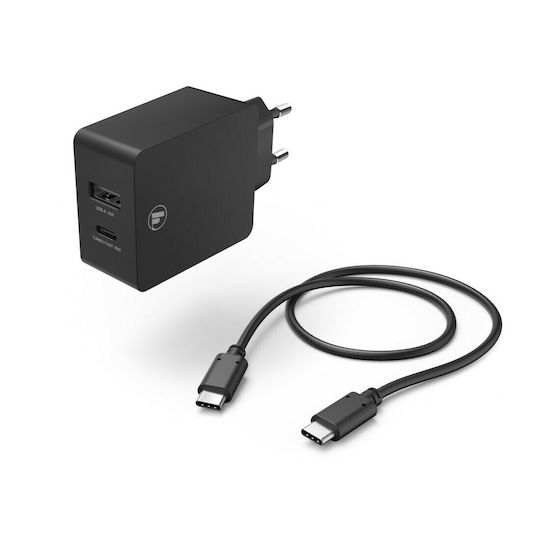 HAMA Mobile Phone Charger with USB-A and USB-C Output Ports and USB-C Cable 30W Power Delivery / Quick Charge 3.0 Black