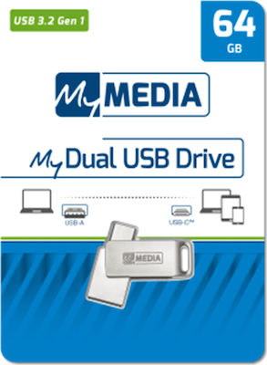 Verbatim MyMedia My Dual 64GB USB 3.2 Stick cu conexiune USB-A & USB-C Argint