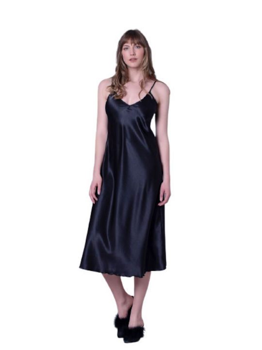 Milena by Paris Winter Satin Women's Nightdress Black 3368