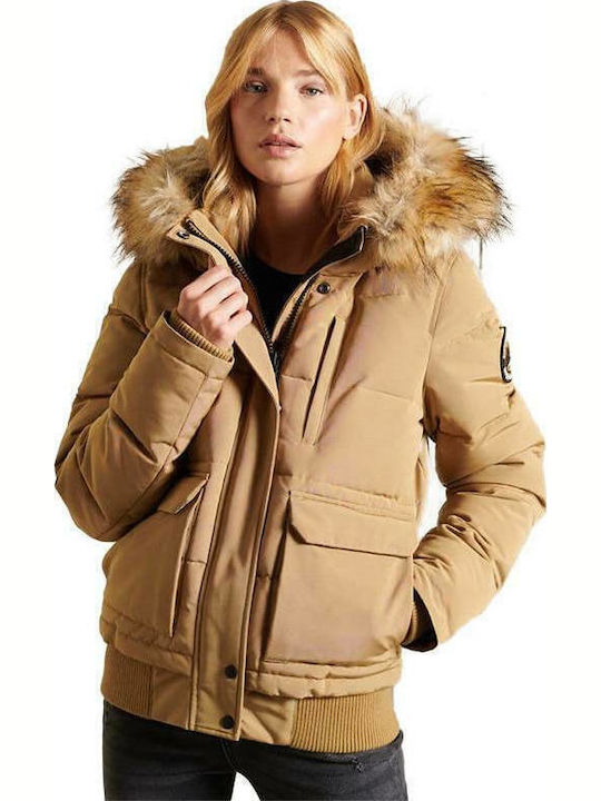 Superdry Everest Scurtă Jachetă de femei Puffer cu glugă de blană
