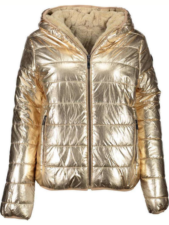 Women's Short Puffer Jacket Double Sided for Winter with Hood Gold