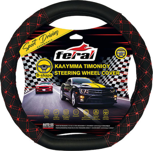 Feral Car Steering Wheel Cover Elegant with Diameter 45cm made of Leatherette Black with Red Stitching