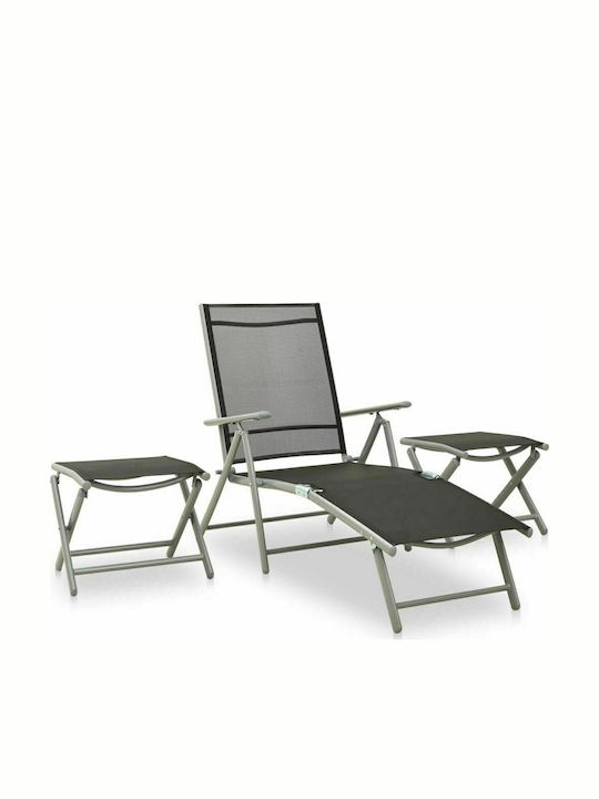 Aluminum Garden Pool Deckchair with Textilene Fabric Black Set with Table 3 Pieces 178x61.5x60cm