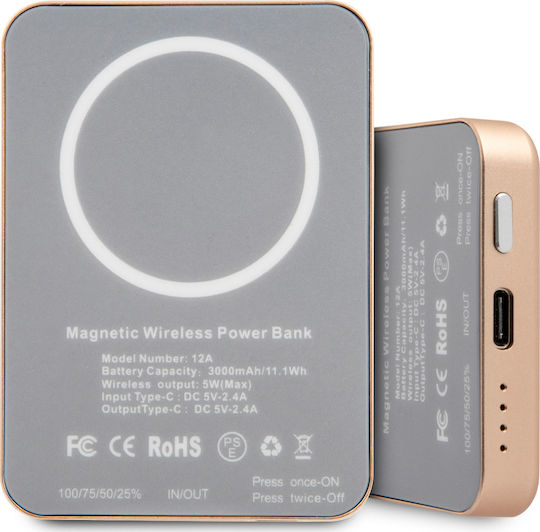 Guess GUPBMSVSLG Magnetic Wireless Power Bank 3000mAh 5W Χρυσό