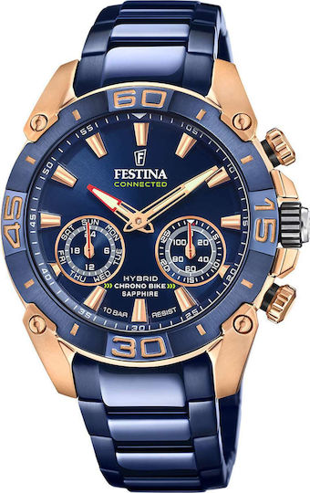 Festina Chrono Bike Hybrid Stainless Steel 45mm Waterproof Smartwatch (Blue Steel Bracelet)