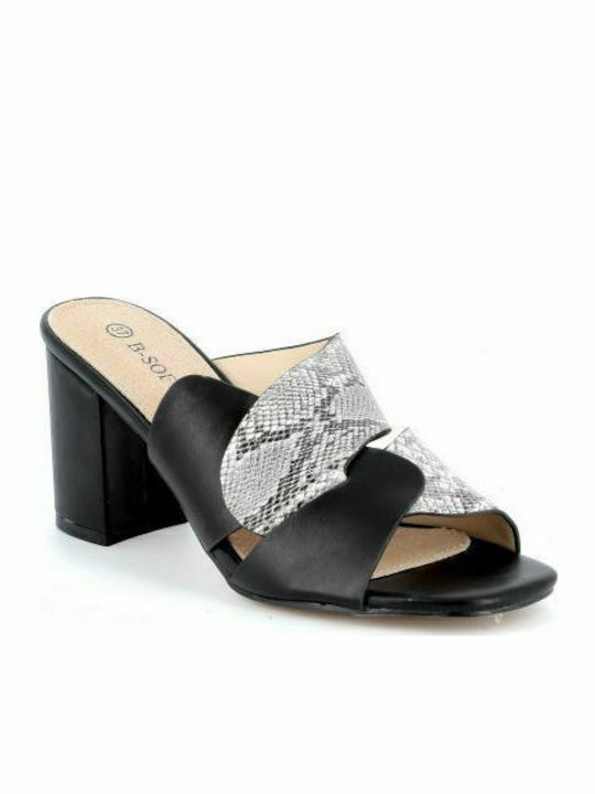 B-Soft Chunky Heel Leather Mules Snake Black